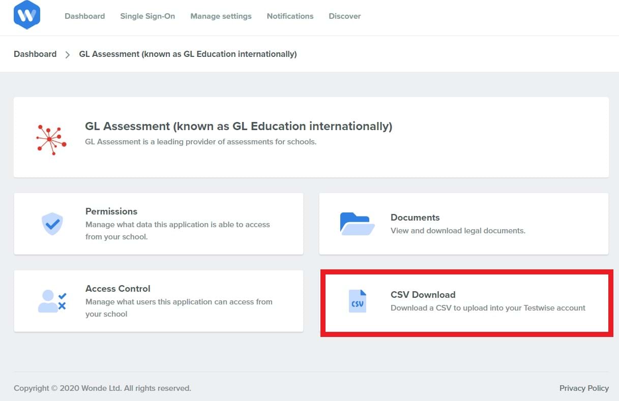 GL Assessments dashboard with the CSV Download option highlighted in a box