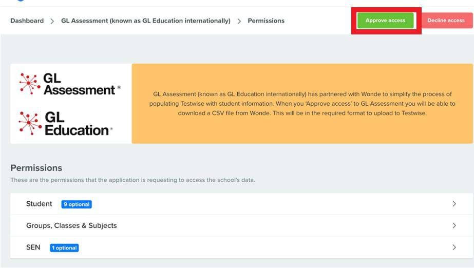Highlighting the Approve Access button on the page where you grant GL Assessments permission