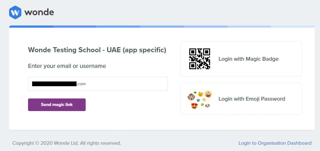 A log in screen asking for username or e-mail or for you to log in with Magic Badge or Emoji password