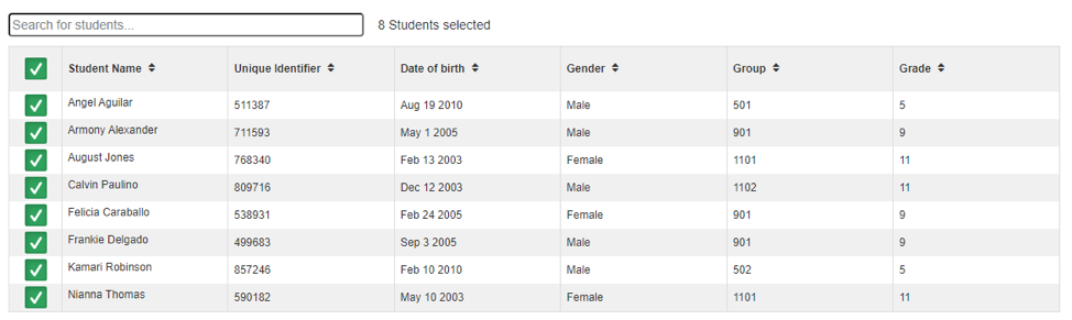 Screenshot of selected students