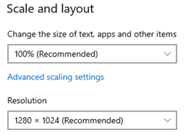 Screenshot of scale and layout settings in Windows 10