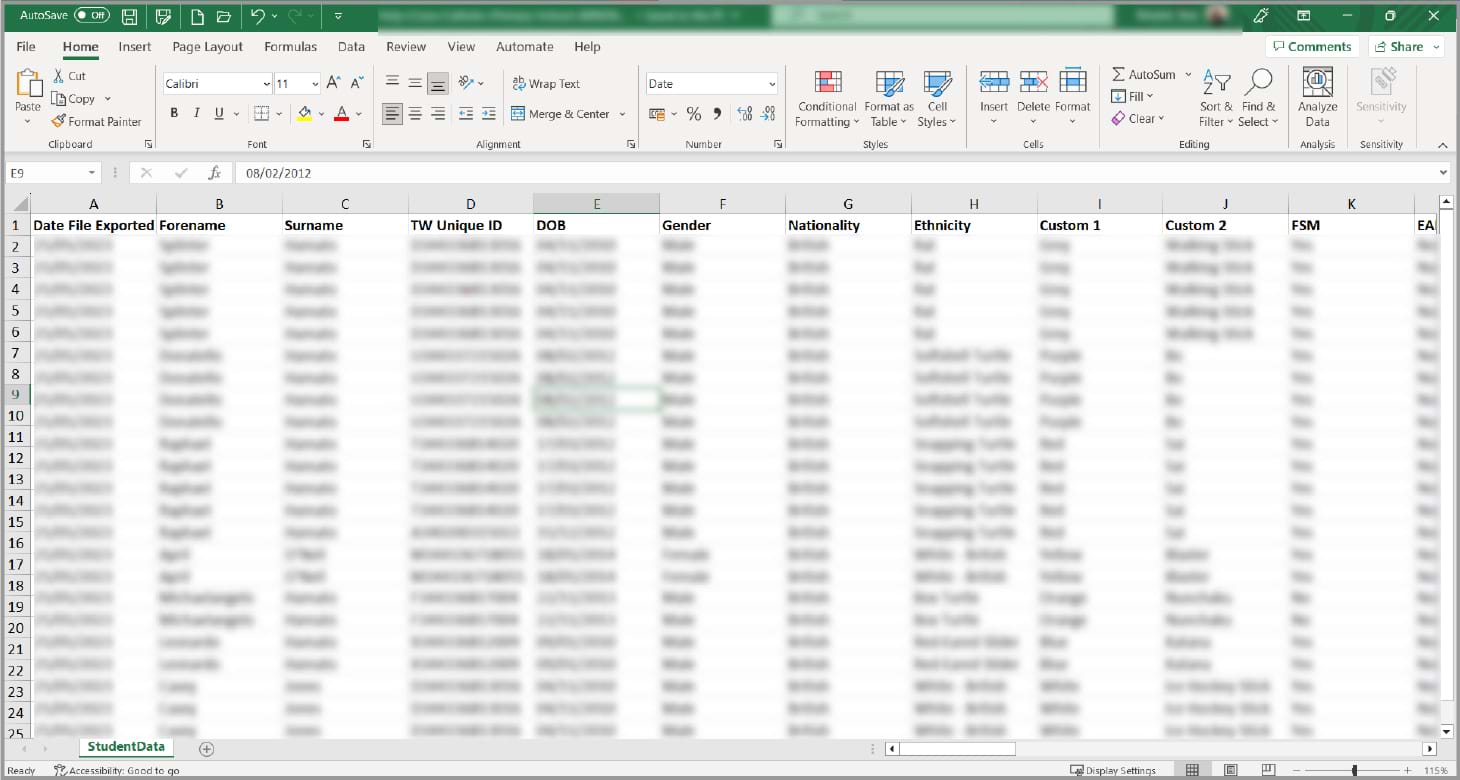 Screenshot of spreadsheet showing exported data